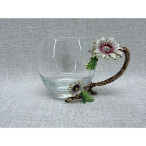 Arc Enamel Flower Glass Tea Cup Mug Floral Branch Handle Rhinestone 32cl 10.8oz